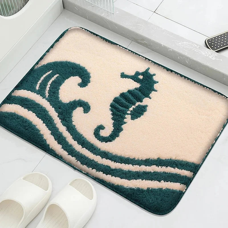 tapis sol bain océan coraux poissons vagues antidérapant moderne bleu orange blanc