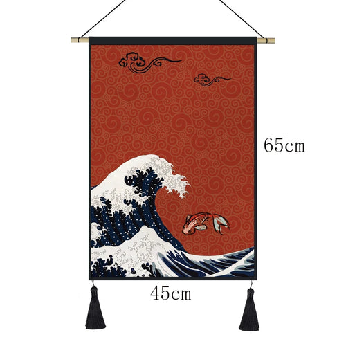 tapisserie suspendue japonaise grande vague montagne fuji décoration murale salon art oriental traditionnel