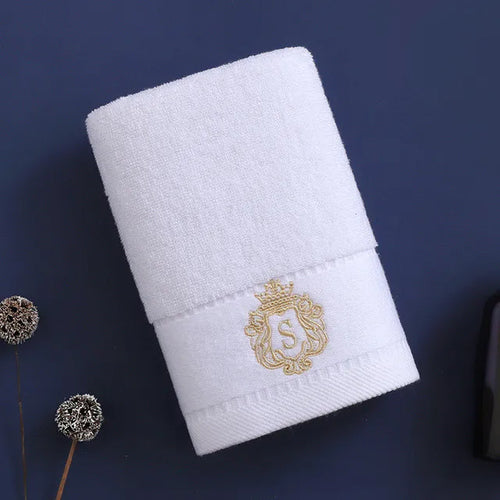 ensemble serviettes bain coton blanc broderie dorée monogramme luxe spa sport sport