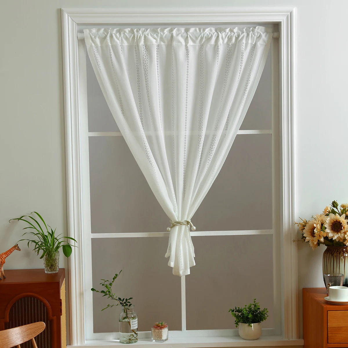rideau blanc moderne translucide points noirs ruban fixation polyester maison officehôtelcafétaille132x80cm