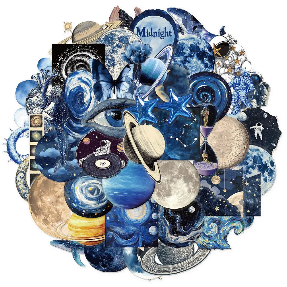 sticker adhésif galaxie planètes astronaute cerveau humain bleu noir blanc détaillé 50pcs