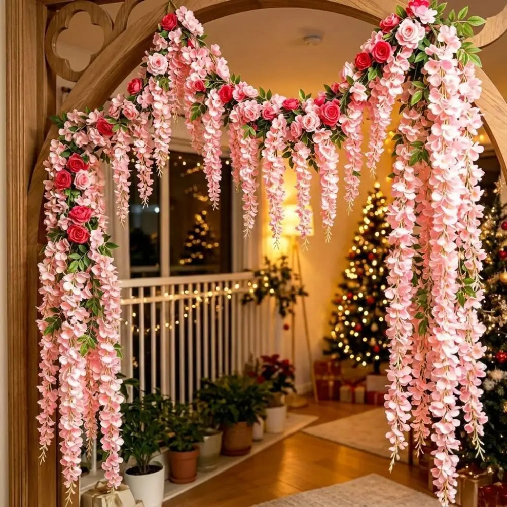 guirlande fleurs artificielles blanc rose feuilles vertes extérieur décoration romantique clips fixations