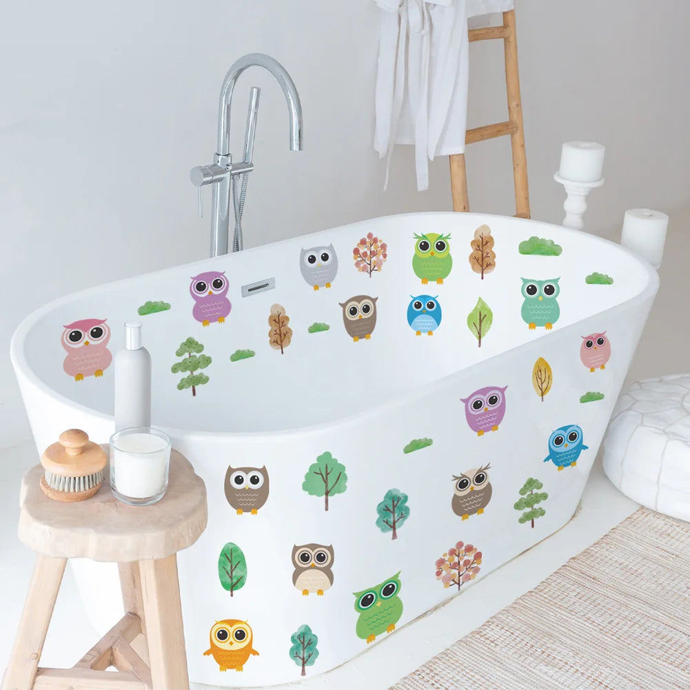 stickers muraux hiboux arbres nuages bleu vert enfantin adhésifs salon décoration chambre fond