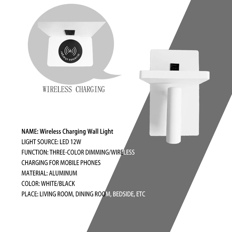 lampe murale moderne recharge sans fil prise usb chambre salon étude cuisine