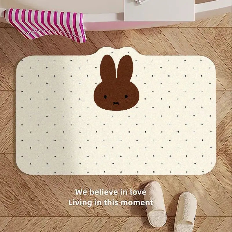 tapis sol absorbant rapide anti dérapant salle bain blanc noir points noirs visage lapin