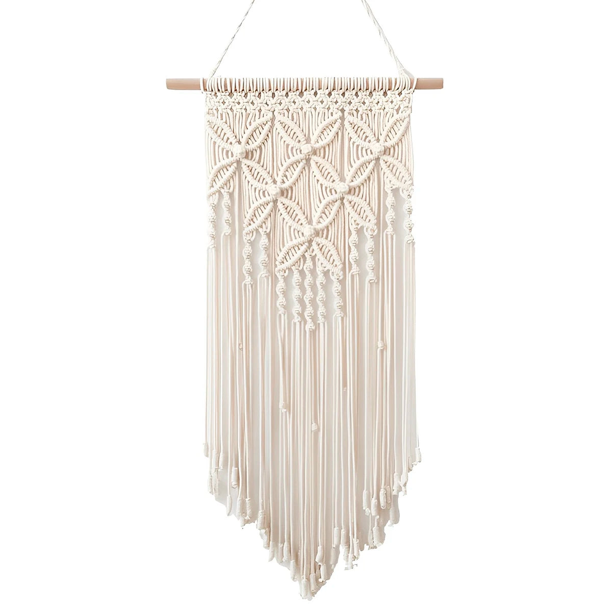 tapisserie murale macramé boho beige clair motif géométrique texture tissée crochet boisSuspensionruban