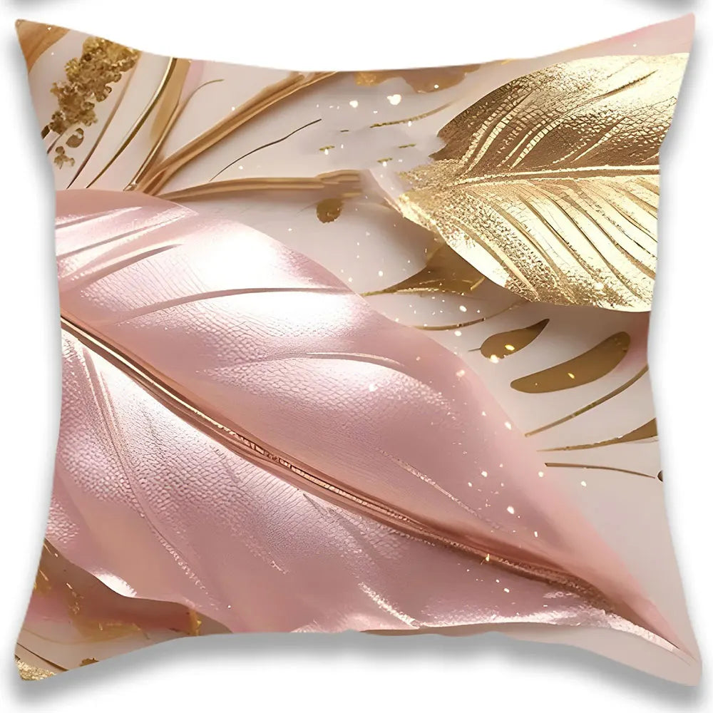 housse coussin tissu plumes stylisées rose pâle beige doré contemporain 45x45cm fermeture glissière decoration