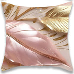 housse coussin tissu plumes stylisées rose pâle beige doré contemporain 45x45cm fermeture glissière decoration