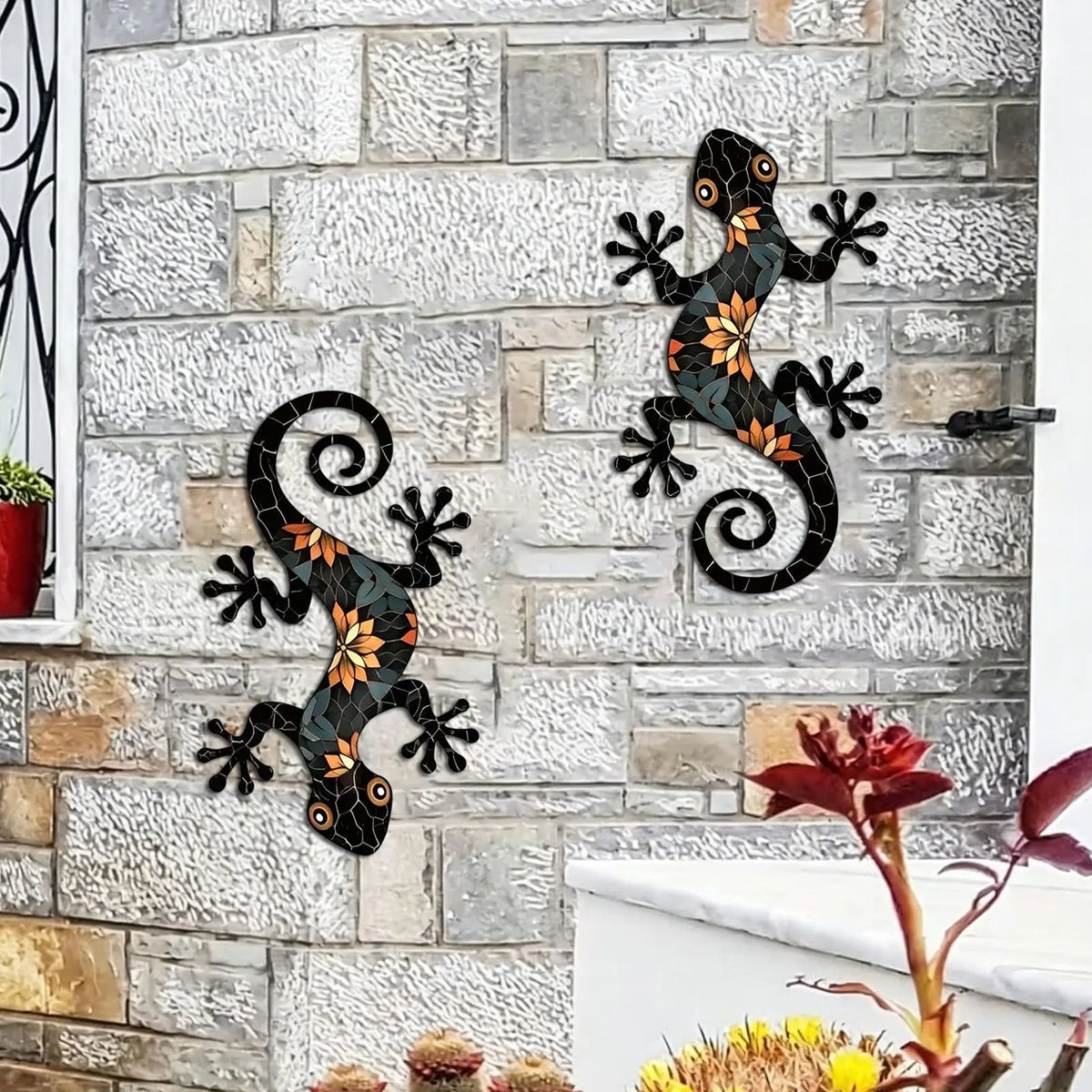 décoration murale forme lézard géométrique artisanal noir orange rougeintérieur extérieur adhésif muraux