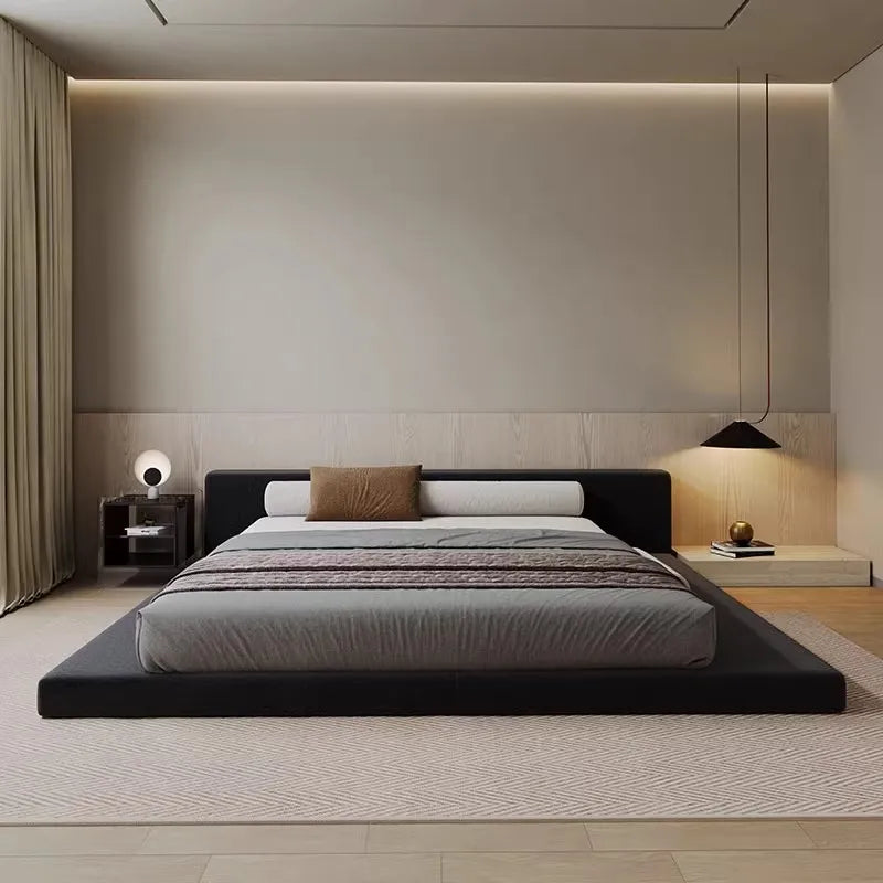 lit moderne noir 182x212cm oreiller coussin drap chambre minimaliste matériaux bois