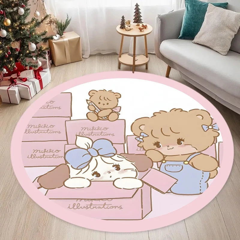 tapis rond dessin animé chats mignons pois blancs rose salon chambre antidérapant polyester