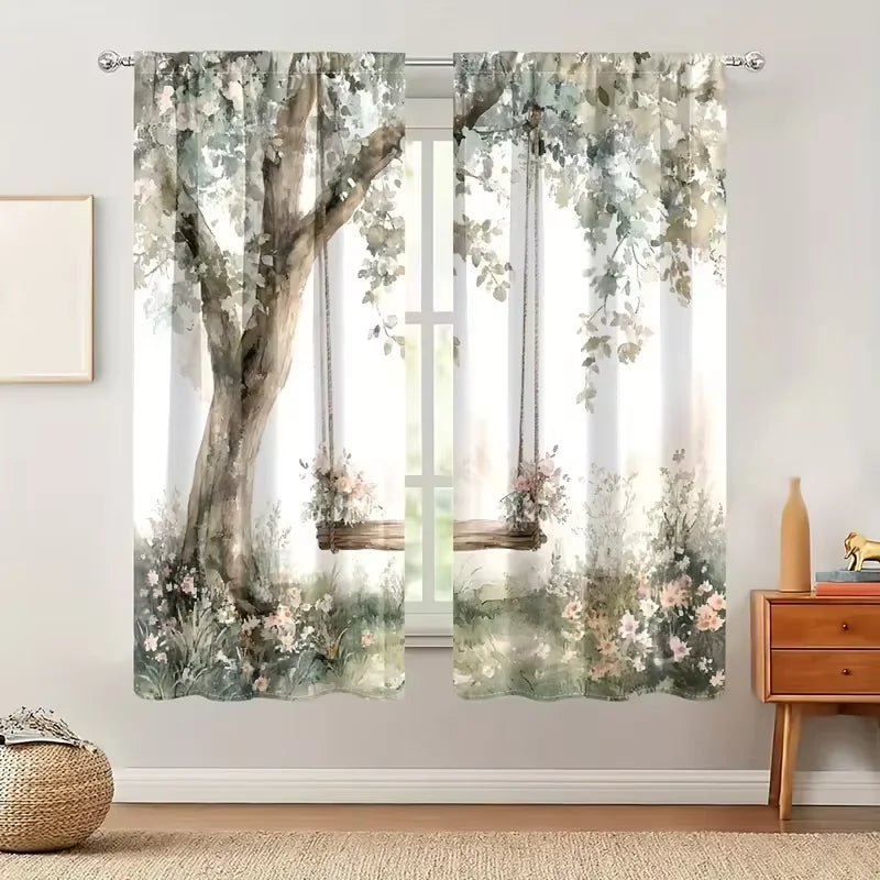 rideau floral paysage moderne balançoire arbre fleurs translucide 100 polyester 60x150cm 75x166cm 105x230cm 130x210cm