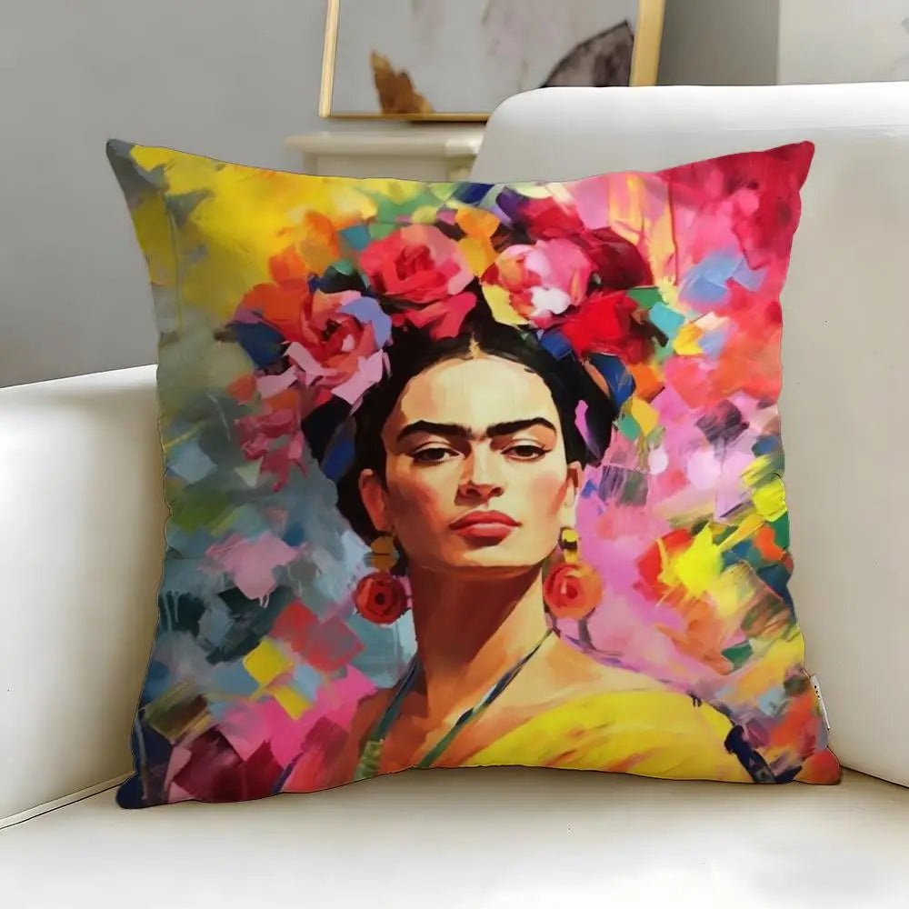coussin contemporain zip invisible polyvalent orange bleu rouge peinture abstraite visage stylisé 45x45cm polyester