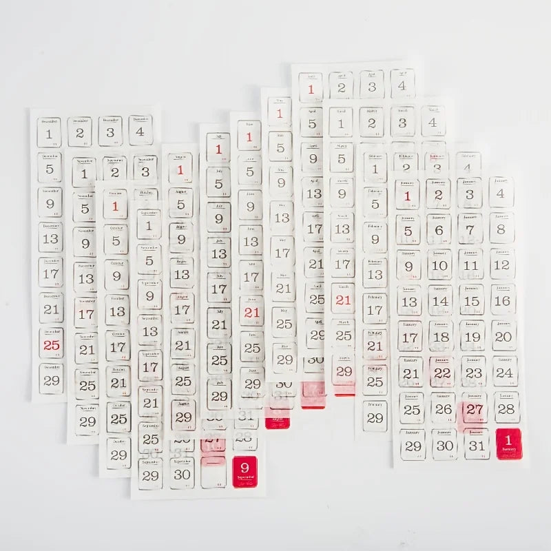 calendriers mensuels adhésifs blanc gris rouge numérotés mois spécifiques 205mm 85mm minimaliste fonctionnel