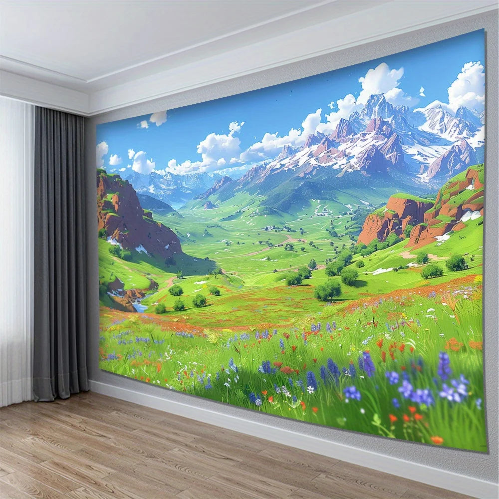 tapisserie paysage montagneux impression numérique polyester décoration murale chambre salon moderne vert bleu blanc