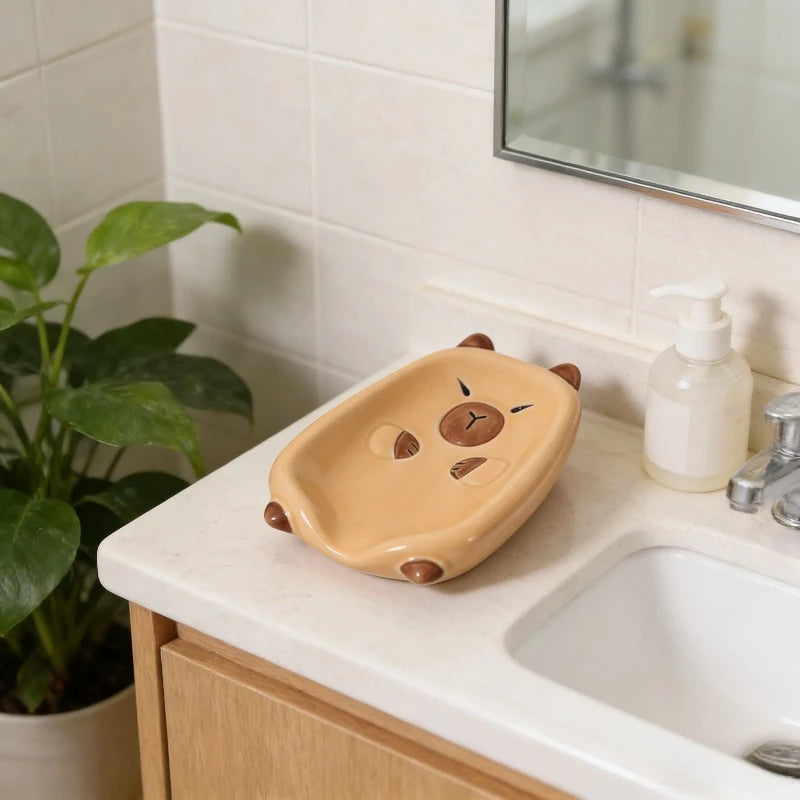 support savon céramique forme capybara mignon animalier salle bain beige clair facile nettoyer unique