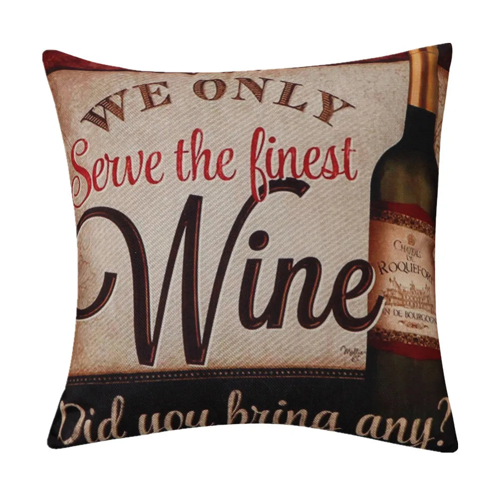 housse coussin vintage bière vin motifs rétro multicolores coton lin décoration canapé chaise 45x45cm