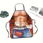 tablier cuisine rouge bleu beige gris imprimé torse musclé poignets cuillères ceinture humoristique opacité