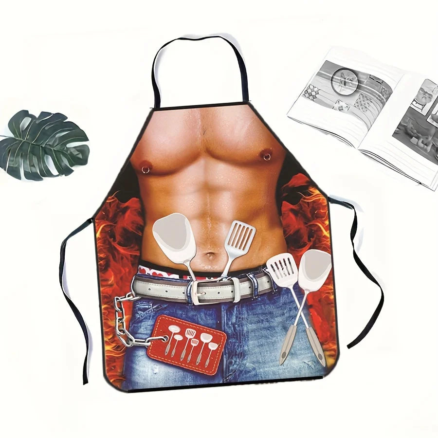 tablier cuisine rouge bleu beige gris imprimé torse musclé poignets cuillères ceinture humoristique opacité