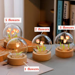 veilleuse boule verre tulipes artificielles feuilles vertes blanches base bois moderne transparente chambre décoration