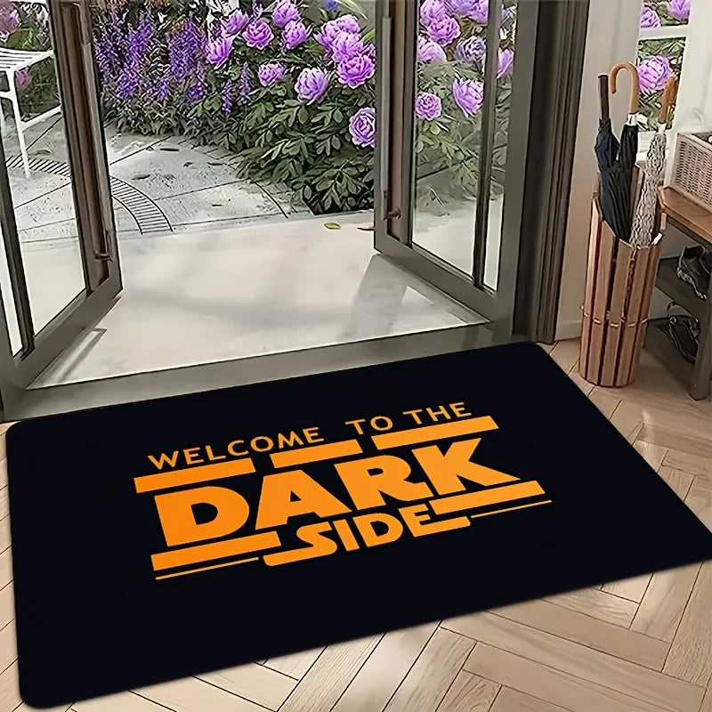 tapis d'entrée moderne graphique bienvenue dark side noir orange antidérapant polyester mousse mémoire forme