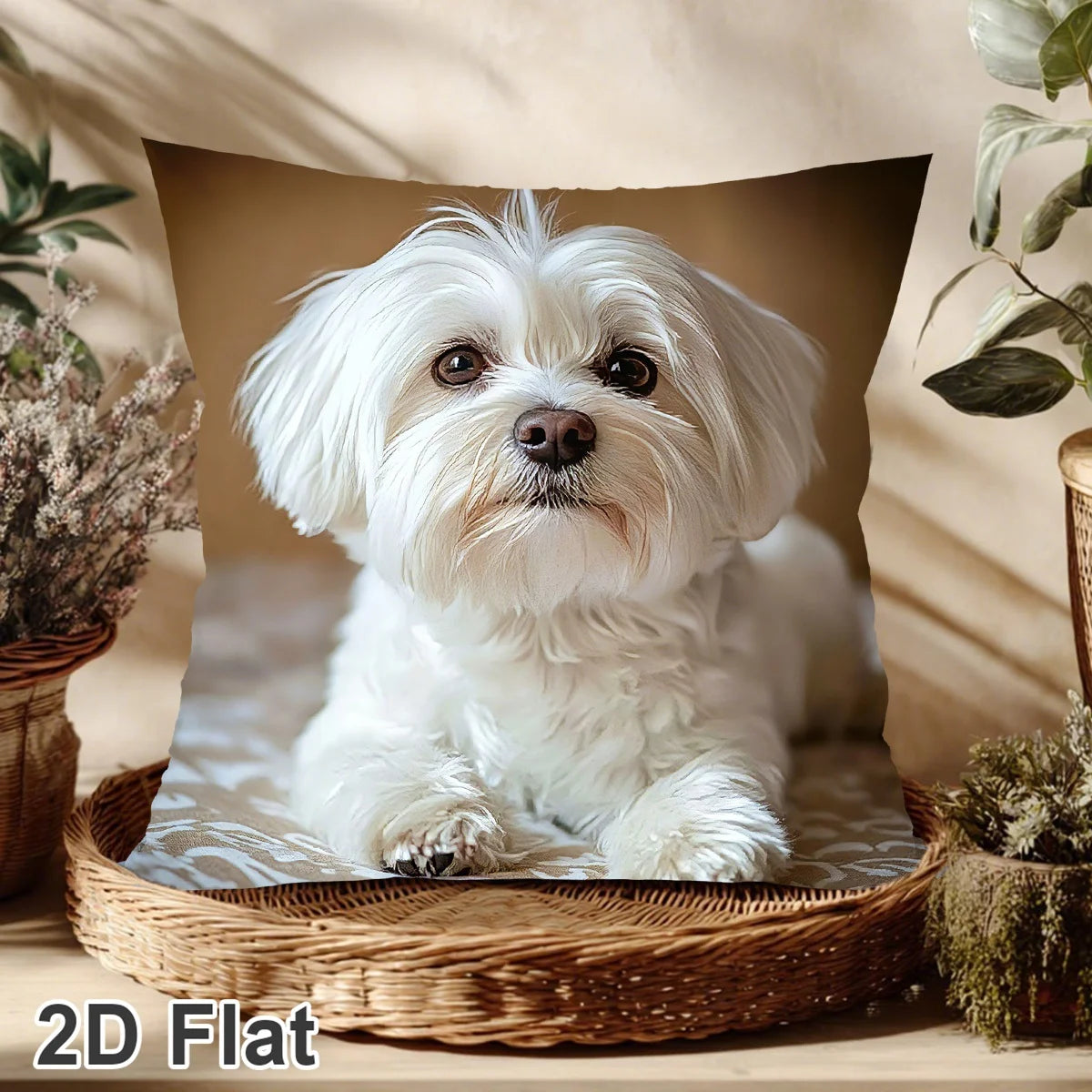 housse coussin chien blanc motif moderne polyester peacheskin fixation salon canapé chambre