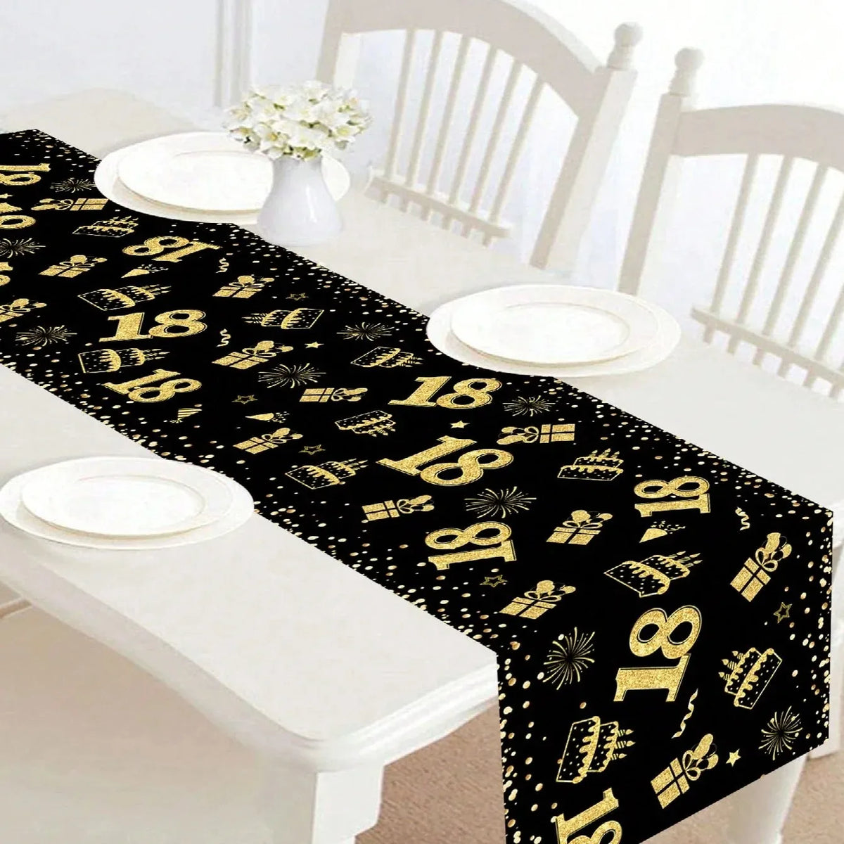 table table anniversaire 18 noir doré gâteaux cadeaux confettis moderne festive polyester