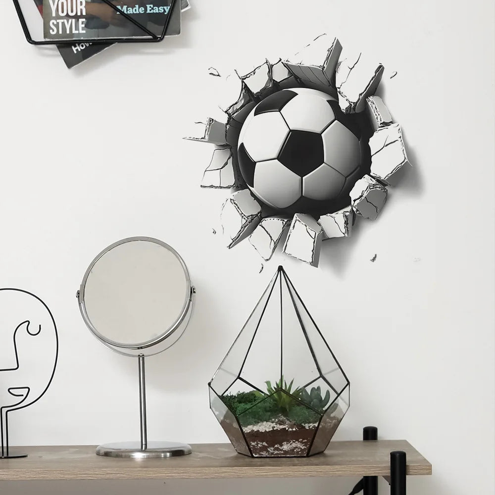 sticker mural 3d football fissures adhésif noir blanc decoration chambre enfant resistant eau 29cm