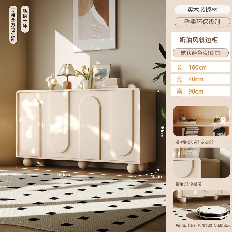 meuble rangement moderne bois motifs géométriques beige clair pieds ronds