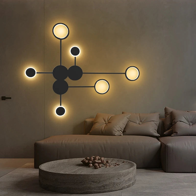 lampes murales modernes minimalistes abstrait cercles tiges noir doré chambre salon