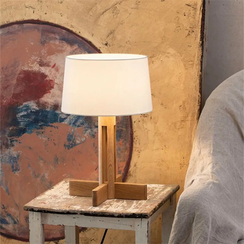 lampe moderne minimaliste bois blanc abatjour tissu base fixe led 21w 30w