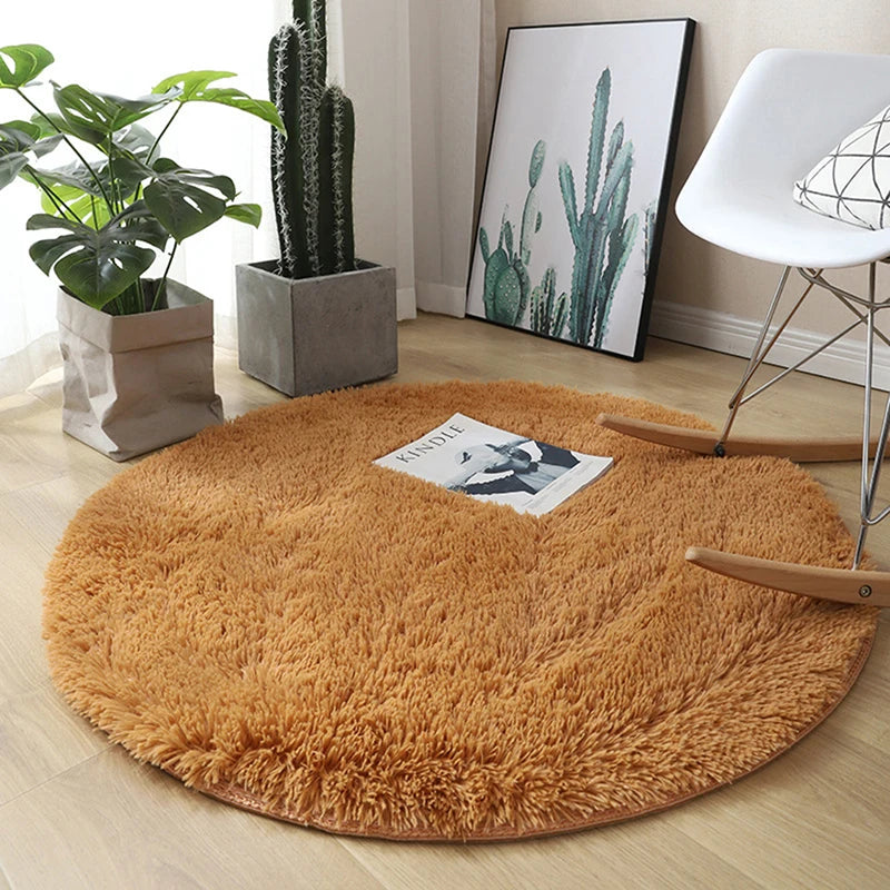 tapis rond doux uni beige blanc vert marron gris moderne intérieur chambre salon