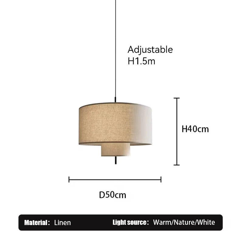 lampe suspendue moderne abat jour tissu texture lin trois tailles différentes lumière chaude blanc