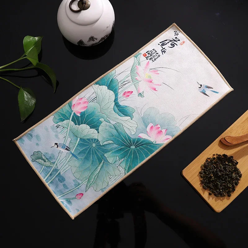 serviettes thé vert bleu beige peinture chinoise motifs floraux art traditionnel zipper cuisine