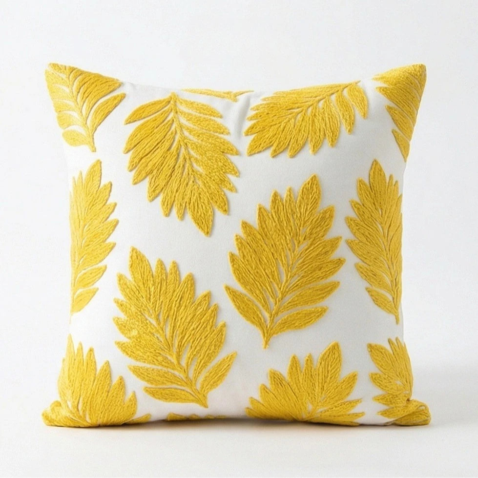 housse coussin brodée motif feuilles moderne coton polyester vert jaune bleu gris 45x45cm