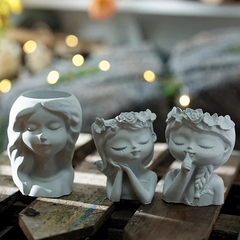 pots plantes forme buste féminin sculptures visages cheveux couronnes mains art classique 10cm 7cm