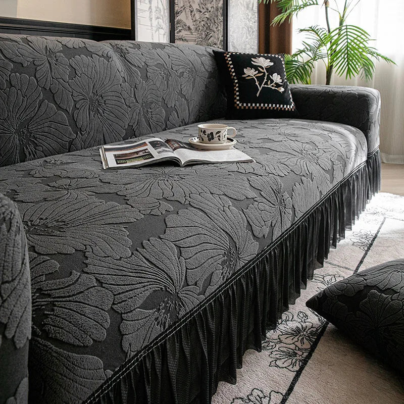 housse canapé velours jacquard fleurs imprimées extensible coussin salon classique vert