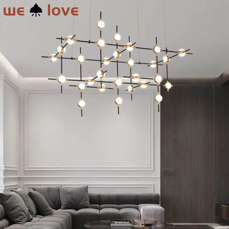 suspension lumineuse moderne noir doré géométrique sphères blanches câbles suspendus chambre salon