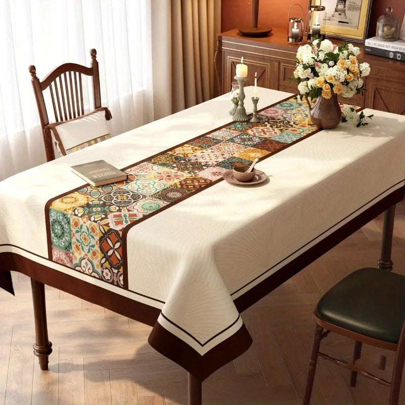 nappe table patchwork géométrique réutilisable polyester classique beige marron bleu orange vert clips