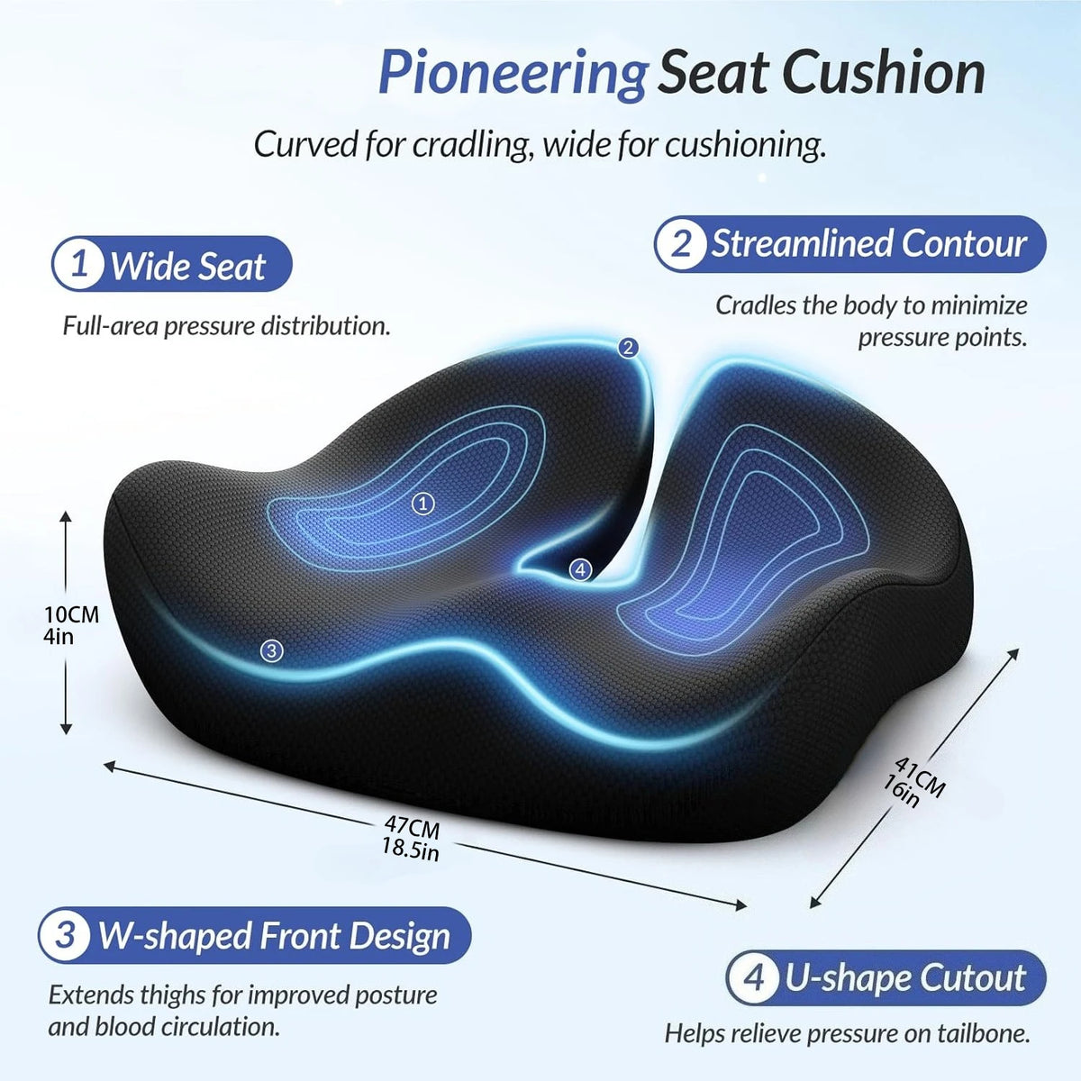 coussin siège mousse mémoire forme polyester texture maille noir ergonomique contour arrondi rétro éclairage