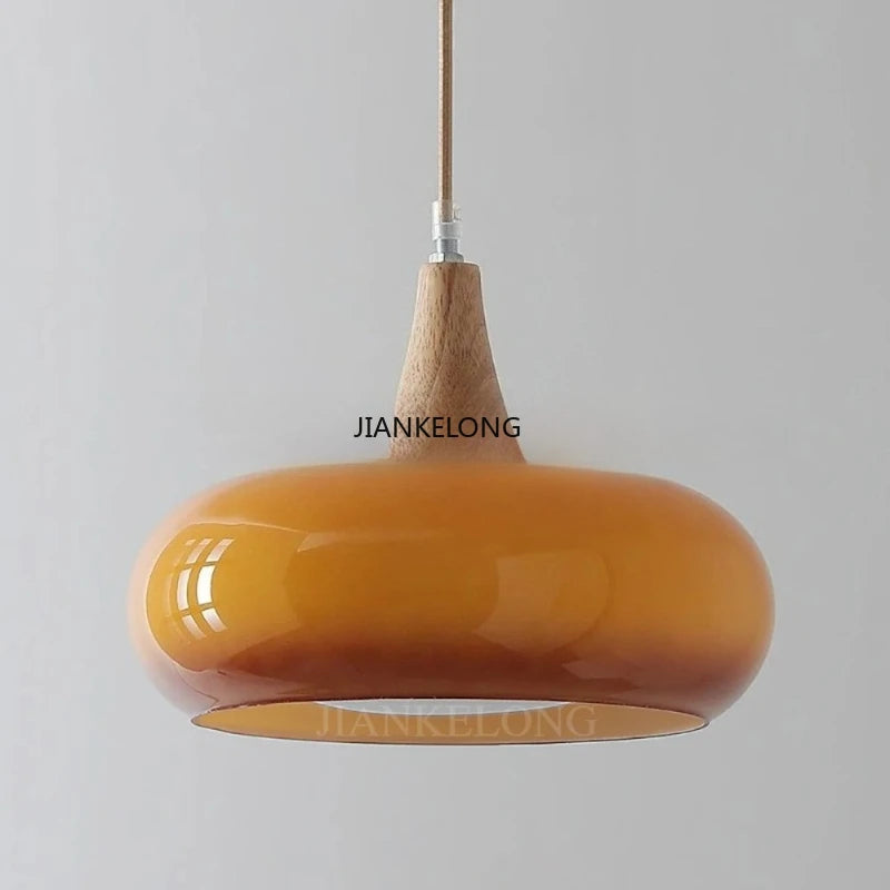 lampe suspendue moderne orange mat plaque bois câble ajustable abat jour verre