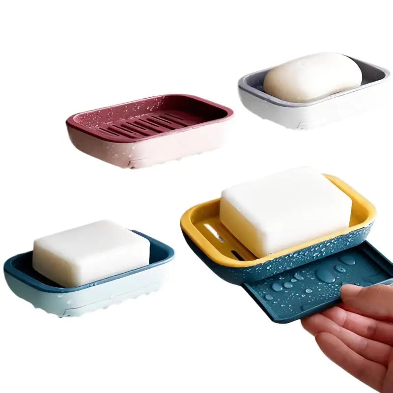 support savon moderne bleu jaune velcro drainage plateau rangement rose gris texture granulée