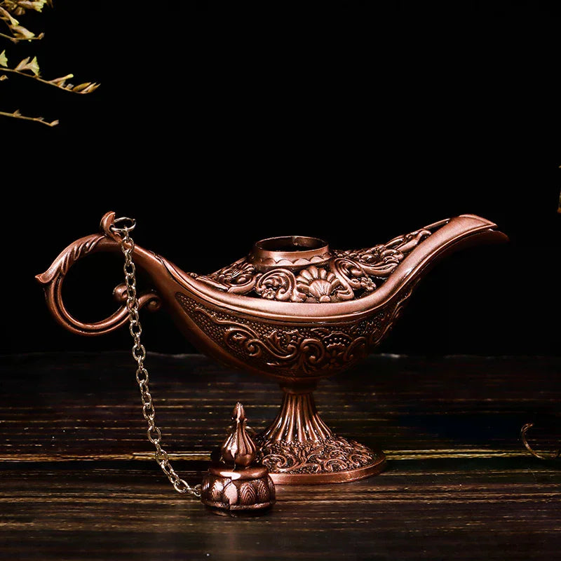 lampe huile bronze ornements floraux artisanale chaîne support traditionnelle métal