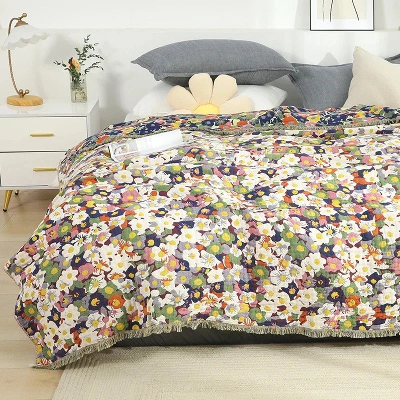 couverture coton boho chic motif floral orange bleu beige printemps automne anti boulochage utilisation