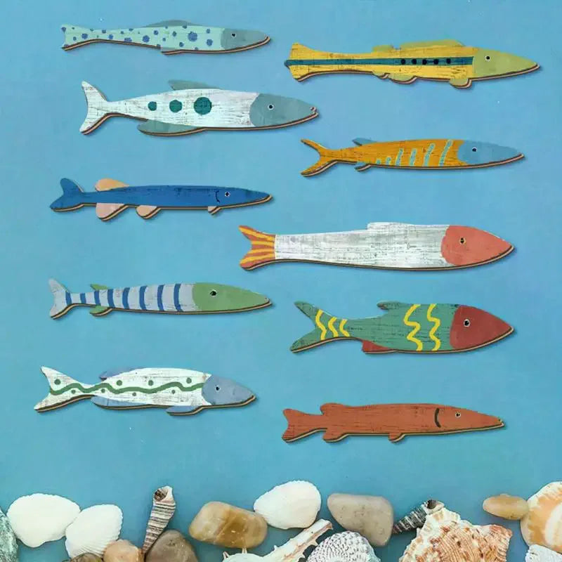 décoration murale artisanale poissons océan bleu vert orange zigzag marin adhésif salle bain maison