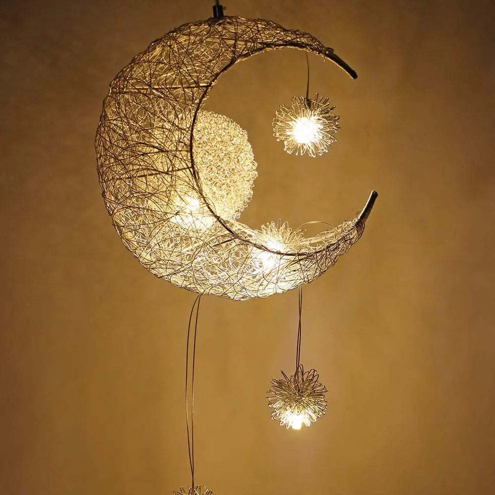 lampe suspendue moderne lune étoiles blanc doré salon chambre led