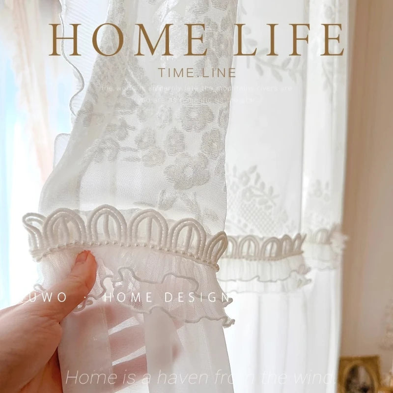 rideaux blancs broderie florale transparents classiques fenêtre romantiques chambre coucher