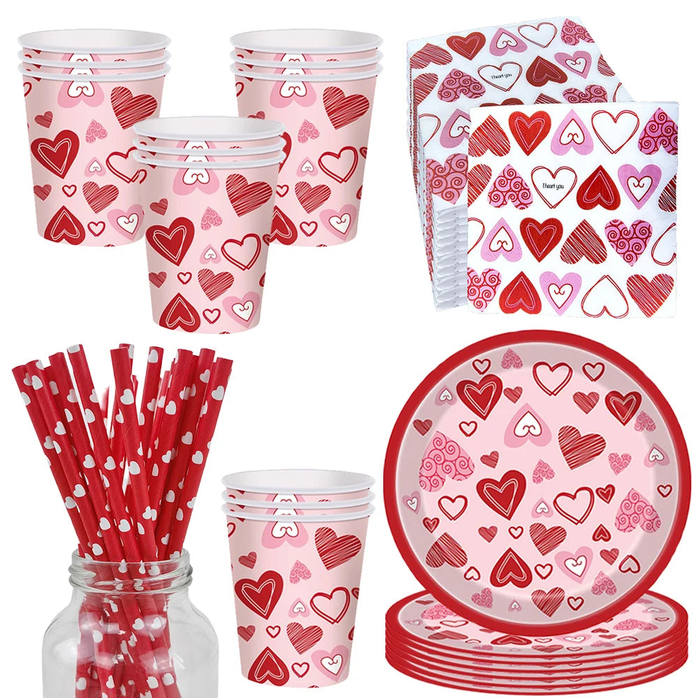 vaisselle jetable saint valentin assiettes gobelets serviettes pailles coeurs suspendus spirales rose rouge blanc