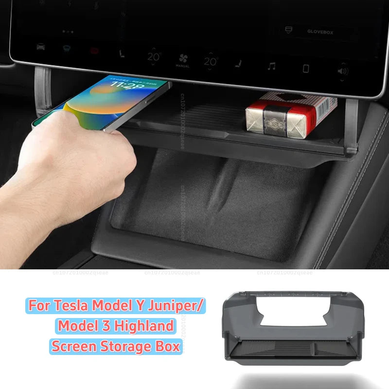rangement caché plateau organiser feutre texturé gris noir sous écran central tesla model model