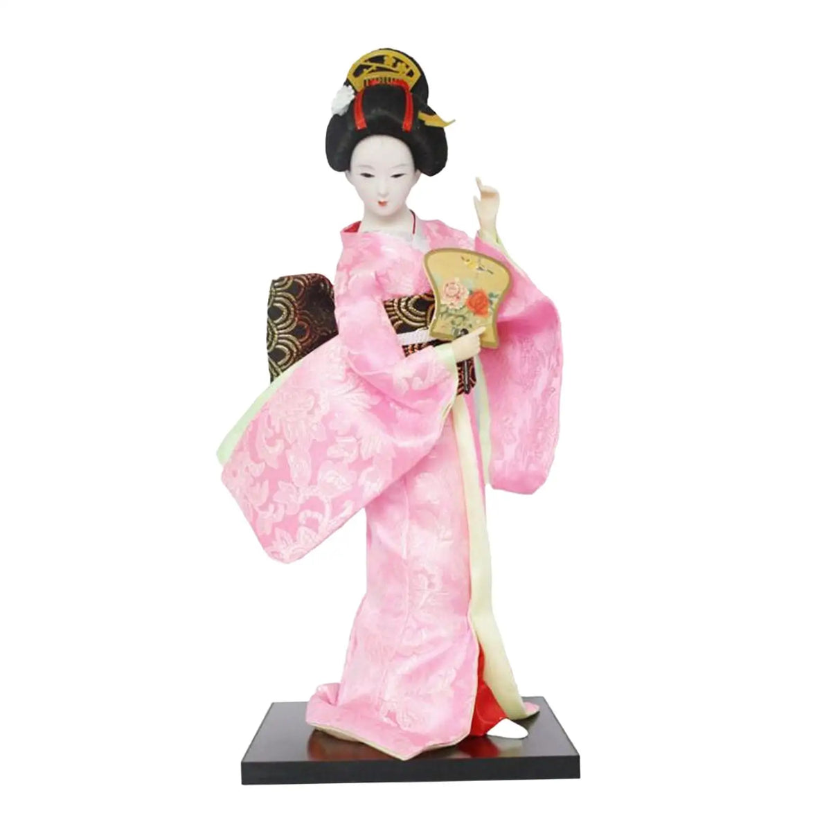poupée japonaise geisha argile broderie florale motifs géométriques accessoires traditionnels blanc rouge vert bleu